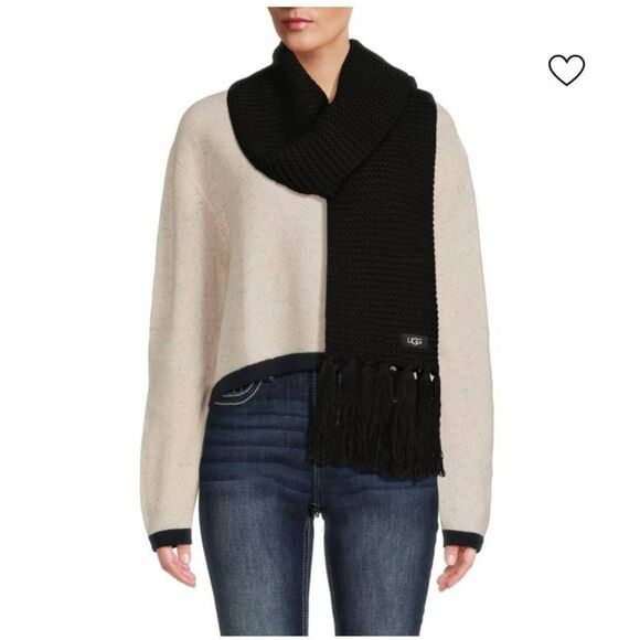 UGG Textured Wool Blend Chunky Knit Scarf Black - Picture 1 of 8